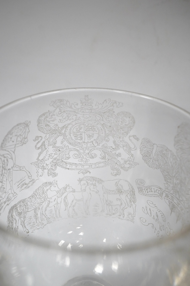 A diamond point engraved commemorative goblet, with the design of the Royal coat of arms, Prince of Wales feathers, horses, riders and a poem, inscribed ‘D.Coghill 1881’ together with a wheel engraved graved rummer, insc